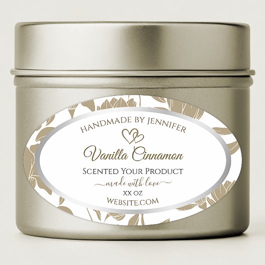 素敵なハートベージュとホワイトフローラ製品ラベル 楕円形シール