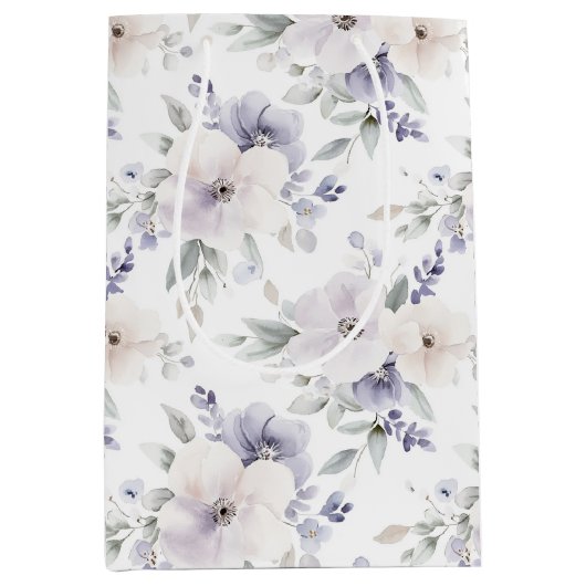 素敵なパープルとアイボリーとラベンダーの花 ブライダルシャワー ミディアムペーパーバッグ (正面)