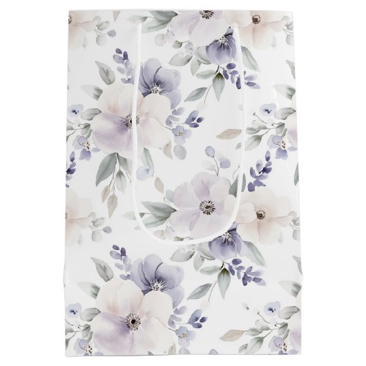 素敵なパープルとアイボリーとラベンダーの花 ブライダルシャワー ミディアムペーパーバッグ (裏面)