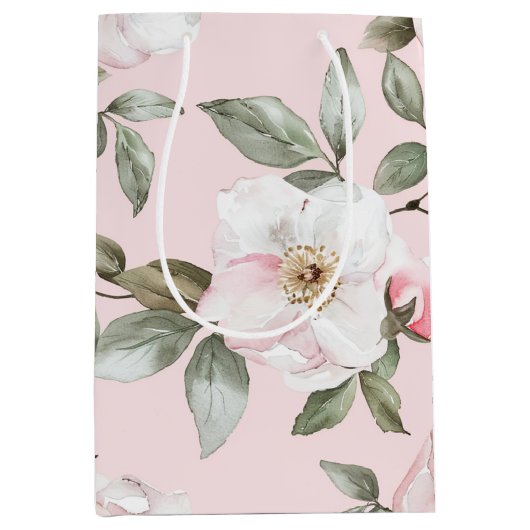 素敵なピンクと白の花のブライダルシャワー ミディアムペーパーバッグ (正面)