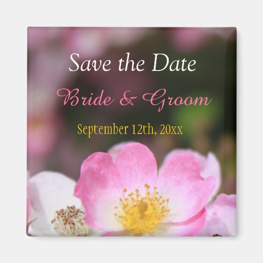 素敵なピンクの野生のバラの花結婚式は日付を保存 マグネット (正面)