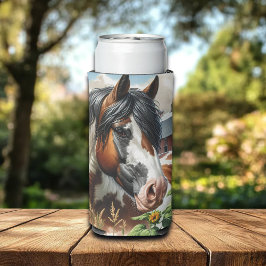 素敵なピントブラウンと白の馬がのんびりとした農場に スリム缶クーラー