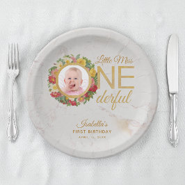 素敵なファーストバースデーフォト ローズの花輪 マーブル ペーパープレート