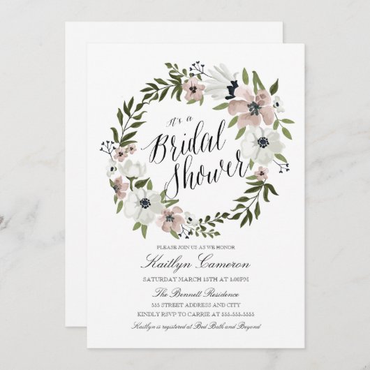 素敵なフローラリース – ブライダルシャワー招待 招待状 (正面/裏面)