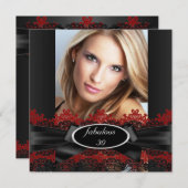 素敵なブラックレッドレース写真の誕生日パーティー2 招待状 (正面/裏面)