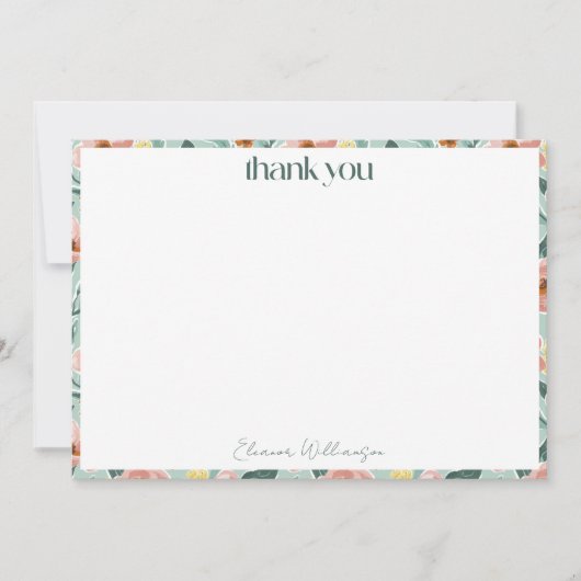 素敵なミントとセイジのソフトピンクの花のカスタム ブライダルシャワー サンキューカード (正面)