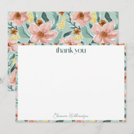 素敵なミントとセイジのソフトピンクの花のカスタム ブライダルシャワー サンキューカード