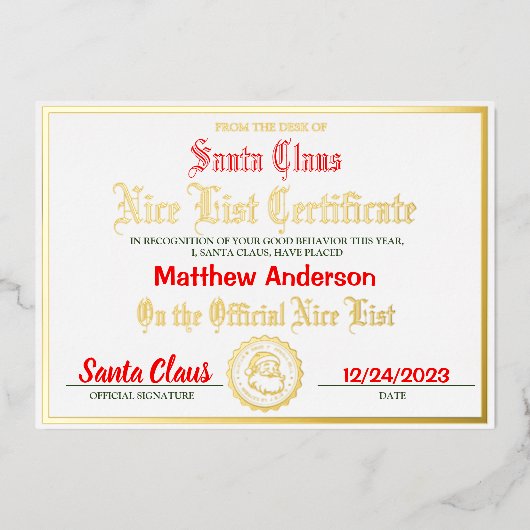 素敵なリストの証明書|子供のクリスマスのプレゼント 箔シーズンカード (正面)