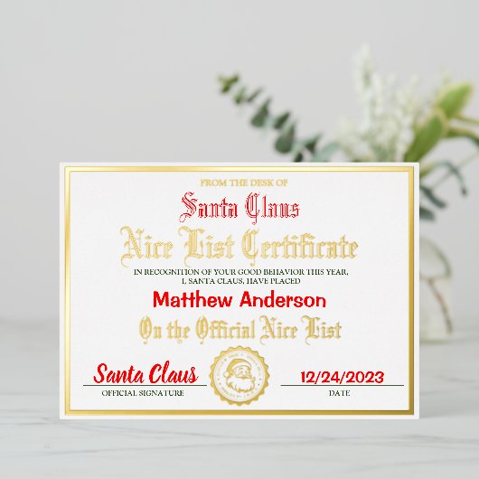 素敵なリストの証明書|子供のクリスマスのプレゼント 箔シーズンカード (立ち正面)