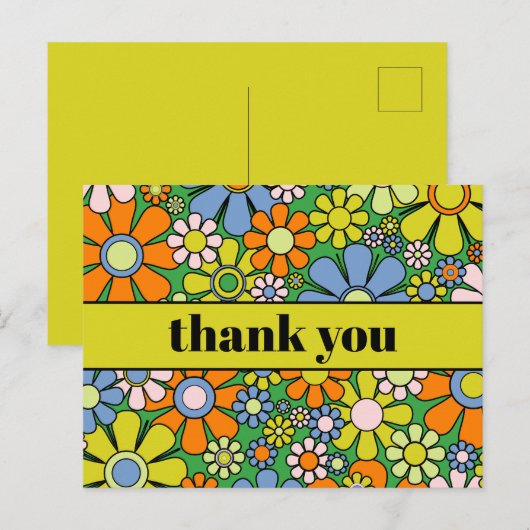 素敵なレトロ フラワー カラフル 60年代 70年代 サンキュー ポストカード (正面/裏面)