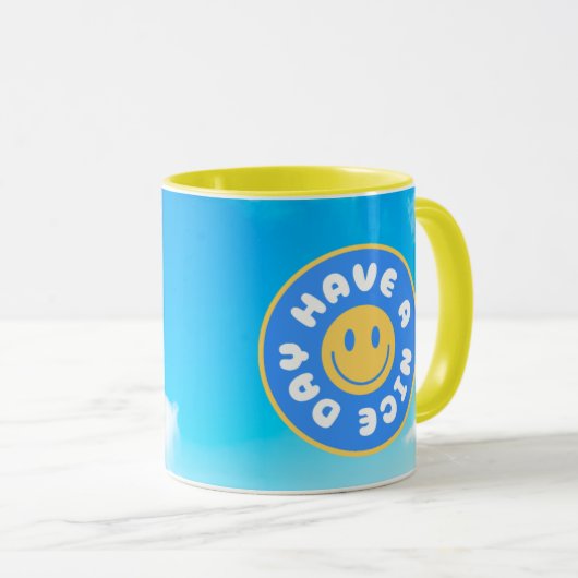 素敵な一日を楽しい顔黄色のハンドルマグカップを持つ マグカップ (正面右)
