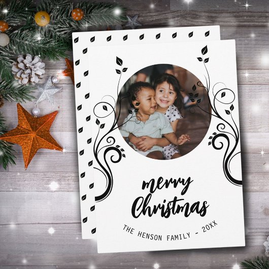 素敵な家族の写真 黒い葉のクリスマスカード シーズンカード