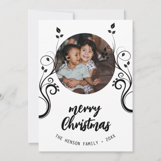 素敵な家族写真黒い葉メリークリスマス シーズンカード (正面)