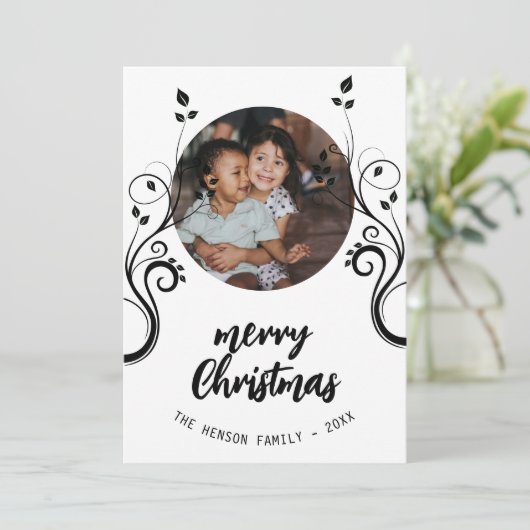 素敵な家族写真黒い葉メリークリスマス シーズンカード (スタンド正面)