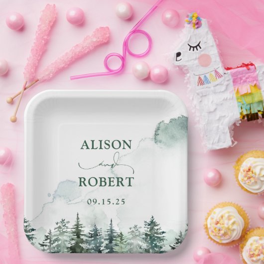 素敵な松の木の森カスタムウェディング ペーパープレート (パーティー)