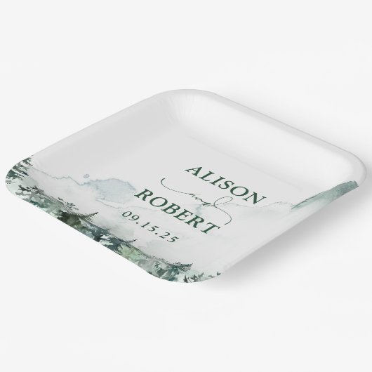 素敵な松の木の森カスタムウェディング ペーパープレート (傾斜あり)