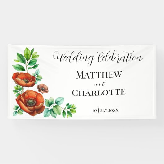 素敵な水彩の赤いポピー ヴィンテージスタイル 横断幕 (横)