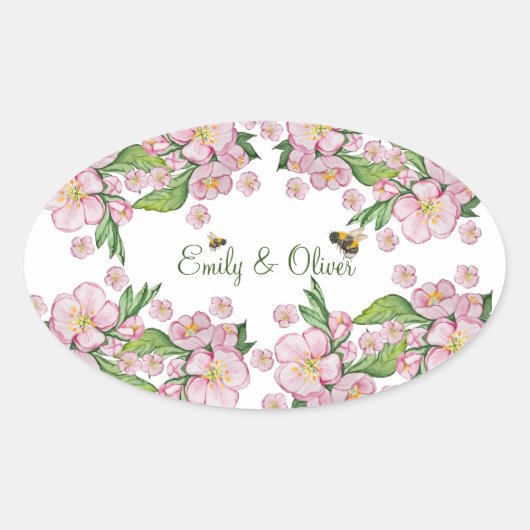 素敵な水彩画のリンゴの木の花と蜂 楕円形シール (正面)