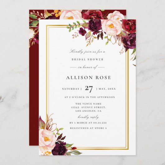 素敵な秋ブルゴーニュのブライダルシャワー招待 招待状 (正面/裏面)