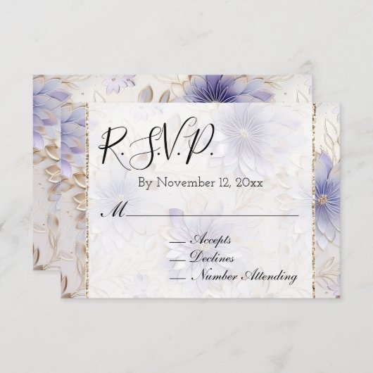 素敵な紫のパールゴールドの花柄の結婚式の出欠確認 エンクロージャーカード (正面/裏面)
