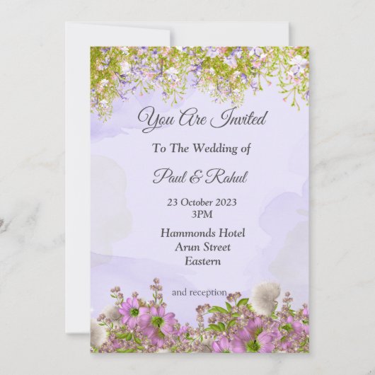 素敵な結婚式の招待状, 愛らしい紫の花 招待状 (正面)