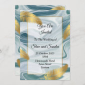 素敵な結婚式招待状、青い大理石模様 招待状 (正面/裏面)