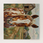 素敵な茶色と白の馬がのどかな農場に ジグソーパズル (横)