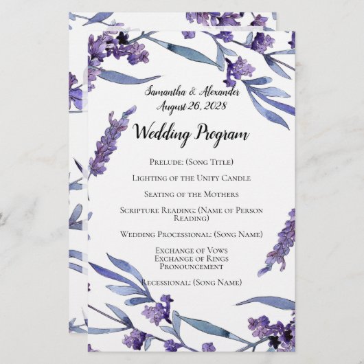 素敵な薄紫水彩優雅なウェディングプログラム (正面/裏面)