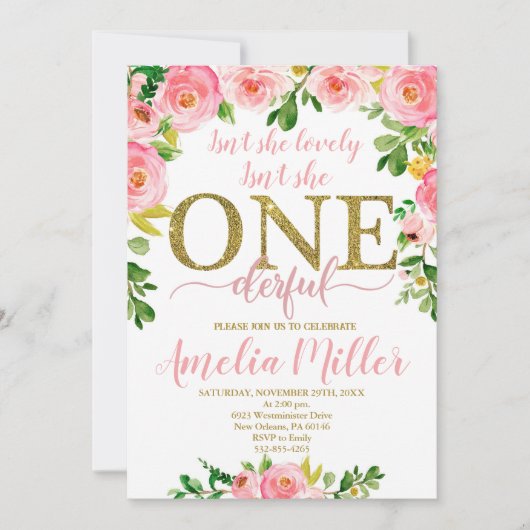 素敵な誕生日 女の子の最初の誕生日 招待状 (正面)