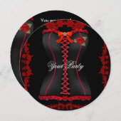 素敵な赤と黒のレースコルセットパーティー 招待状 (正面/裏面)