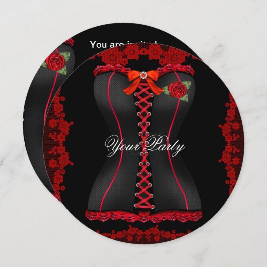 素敵な赤と黒のレースコルセットパーティー 招待状 (正面/裏面)