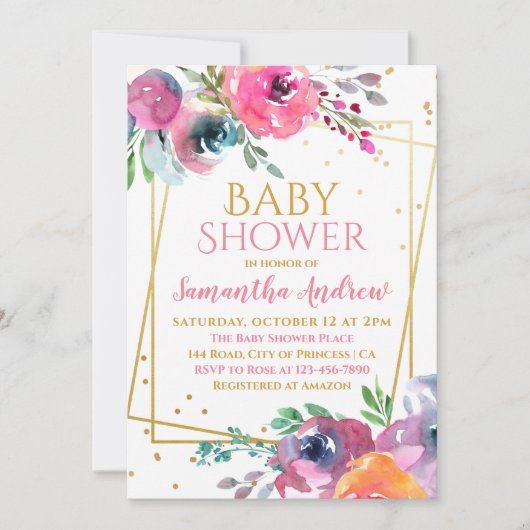 素敵な赤面フローラ繊細な女の子ベビーシャワー 招待状 (正面)