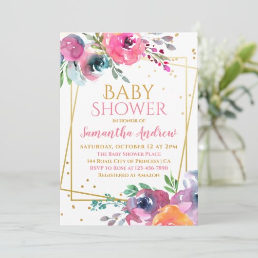 素敵な赤面フローラ繊細な女の子ベビーシャワー 招待状 (スタンド正面)