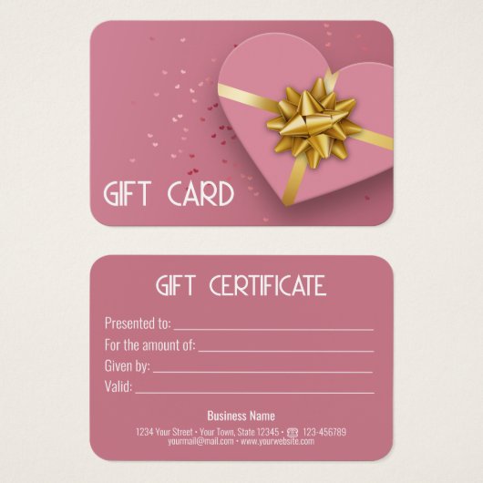 素敵な金ゴールドボウピンクハートギフトボックスギフトカード (正面&裏面)