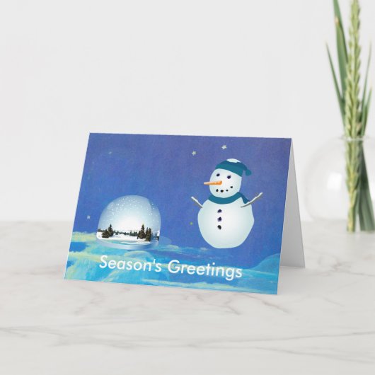 素敵な雪だるま、白い雪の世界の青いクリスマス シーズンカード (正面)