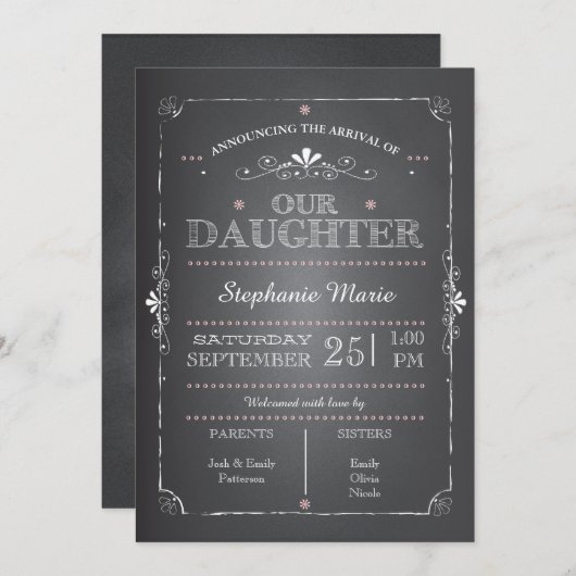 素敵な黒板ベビーガール誕生のお知らせ 案内状 (正面/裏面)