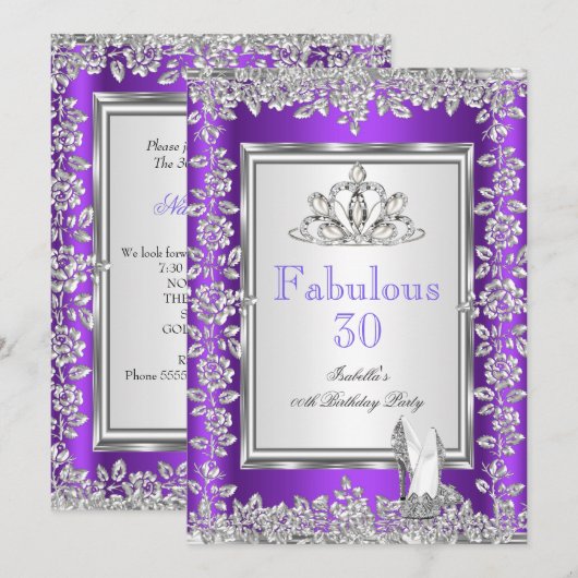 素敵な30歳の誕生日パーティー用パープルシルバーシューズ 2 招待状 (正面/裏面)