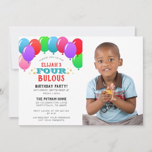 素敵な4歳の誕生日バルーン ブルーフォト 招待状 (正面)