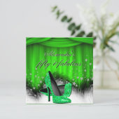 素敵な50才の誕生日おめでとう！ライムグリーンのフェザー付きハイヒール靴 招待状 (スタンド正面)