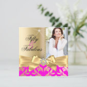 素敵な50歳のピンクゴールドの葉とリボン 50歳の誕生日 招待状 (スタンド正面)