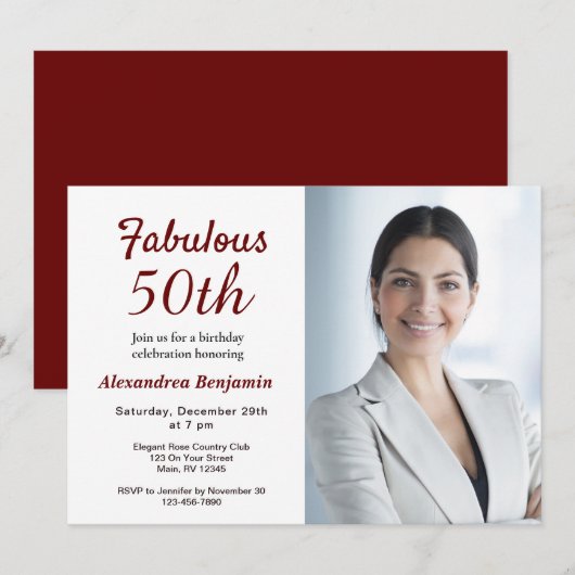 素敵な50歳の写真入り赤い誕生日パーティーの招待状 招待状 (正面/裏面)
