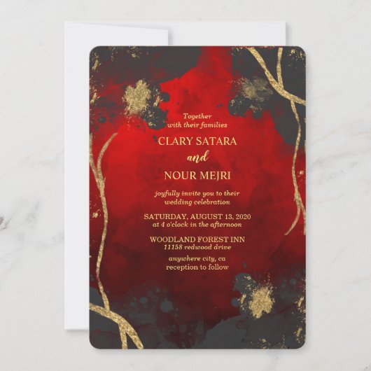素敵な、スタイリッシュな赤、灰、ゴールドのウェディング 招待状 (正面)