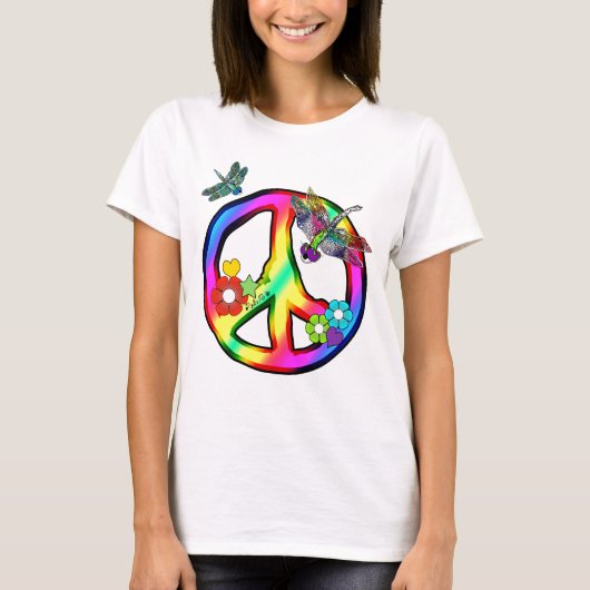 素晴しい虹のピースサインのトンボのTシャツ Tシャツ (正面)