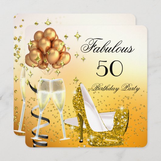 素晴らしいきらめく金ゴールドハイヒール誕生日パーティー 招待状 (正面/裏面)