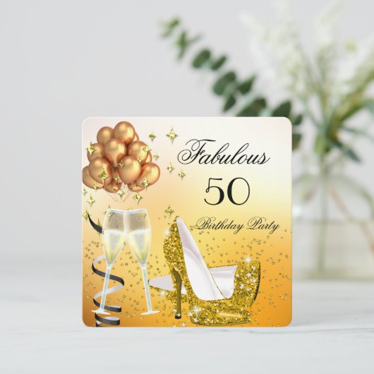 素晴らしいきらめく金ゴールドハイヒール誕生日パーティー 招待状 (スタンド正面)