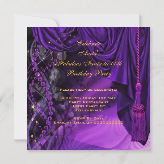素晴らしいウィメンズパープル金ゴールドヒール誕生日 招待状 (裏面)