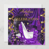 素晴らしいウィメンズパープル金ゴールドヒール誕生日 招待状 (正面)