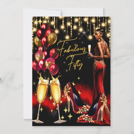 素晴らしいエスニック誕生日レッドシャンパンドレス 招待状 (正面)