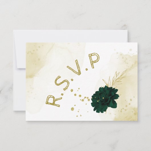 素晴らしいエメラルドアイボリー金ゴールド花の食事の選択 出欠カード (裏面)