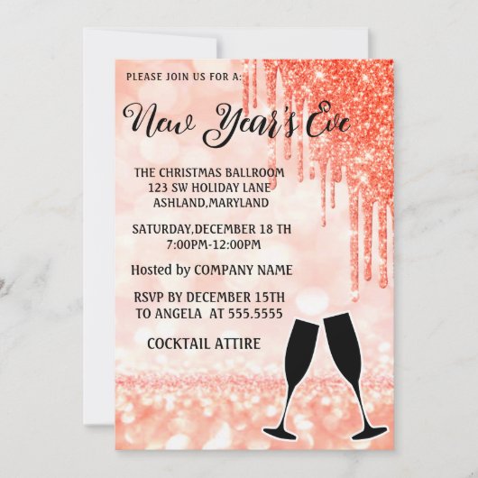 素晴らしいエレガントピンクの新年ワイングラス 招待状 (正面)